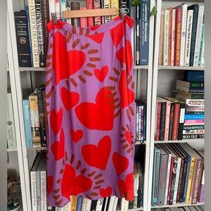FARM Rio Heart Print Midi Skirt XL Red Purple Viscose Statement Skirt